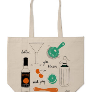 Canvas tote bag with a cocktail recipe and drink illustrations.