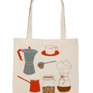 Canvas tote bag with coffee-themed illustrations.