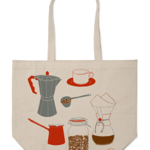 Canvas tote bag with coffee-themed illustrations.
