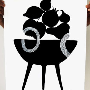 A black silhouette of a barbecue grill with fruit on top.
