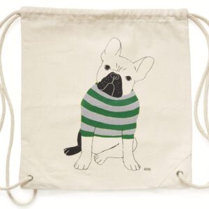 Canvas bag with a French bulldog wearing a green striped sweater illustration.