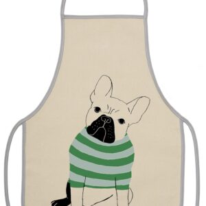 Apron with a cute French Bulldog in a green striped sweater.