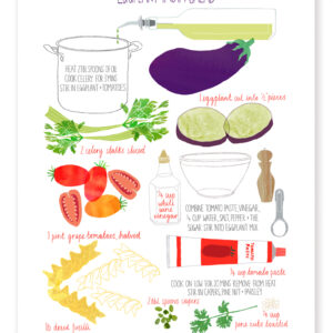 Ingredients for eggplant pasta with tomato sauce and herbs.