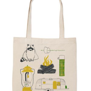 Canvas tote bag with camping gear illustrations including raccoon, lantern, and campfire.