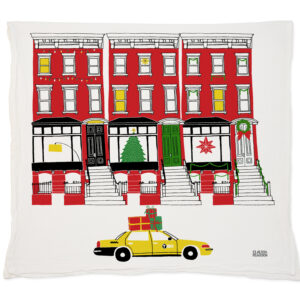 Illustration of red buildings with a yellow taxi in front.