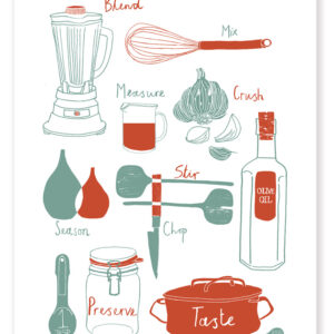 Illustrated cooking ingredients and utensils for a recipe.