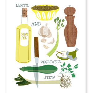 Illustration of olive oil, garlic, pepper, and herbs for vegetable stew.