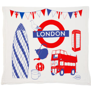 Decorative pillow with London-themed icons and bunting.