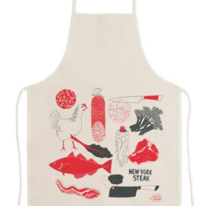 White apron with red and black steak-themed illustrations and text.