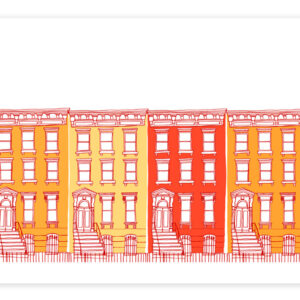 Illustration of colorful row houses with stairs and railings.