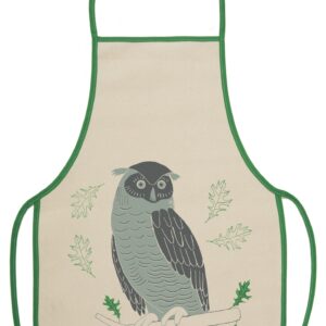 Beige apron with a green owl illustration and floral accents.