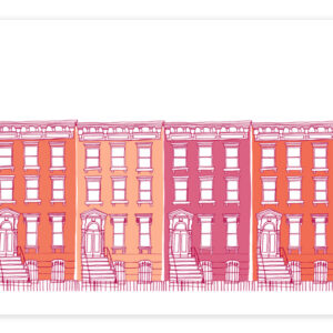 Illustration of colorful row houses with stairs and windows.
