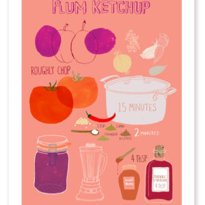 Illustration of ingredients for marinara ketchup on a pink background.