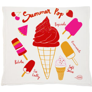 Colorful summer-themed popsicle and ice cream cone illustration on a white background.