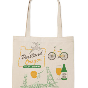 Beige tote bag with Portland-themed illustrations and text.
