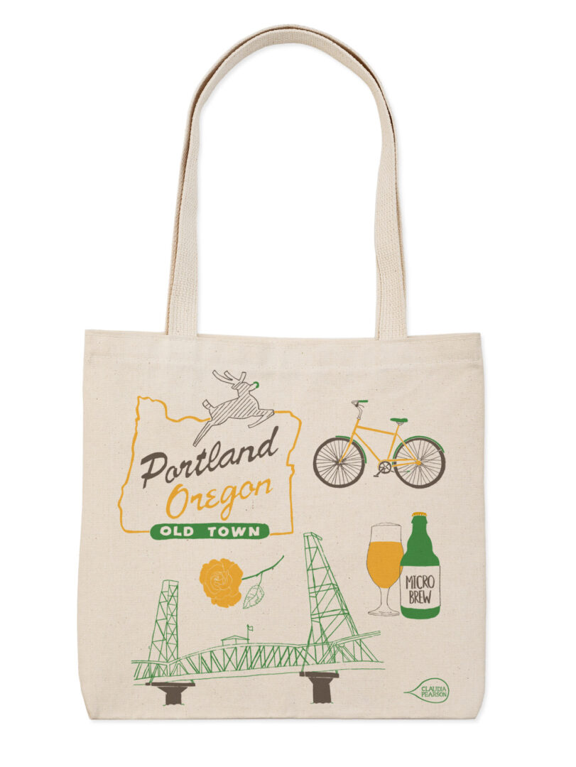 Beige tote bag with Portland-themed illustrations and text.