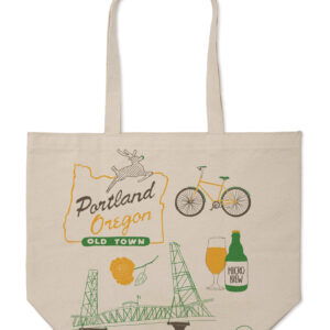 Beige tote bag with Portland-themed illustrations and text.