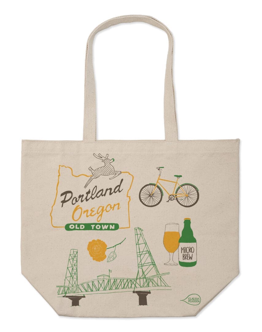 Beige tote bag with Portland-themed illustrations and text.