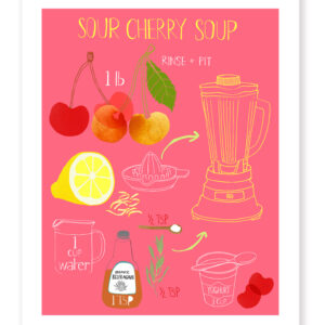 A colorful smoothie recipe illustration with fruits and blender on pink background.