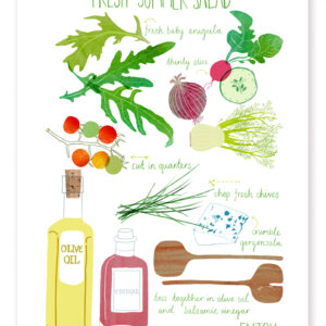 Illustrated guide of salad greens and dressing essentials.