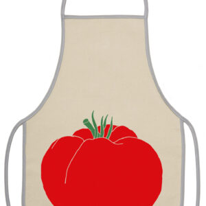 Beige apron with a large red tomato design in the center.