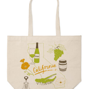 Beige tote bag with California-themed illustrations and text.